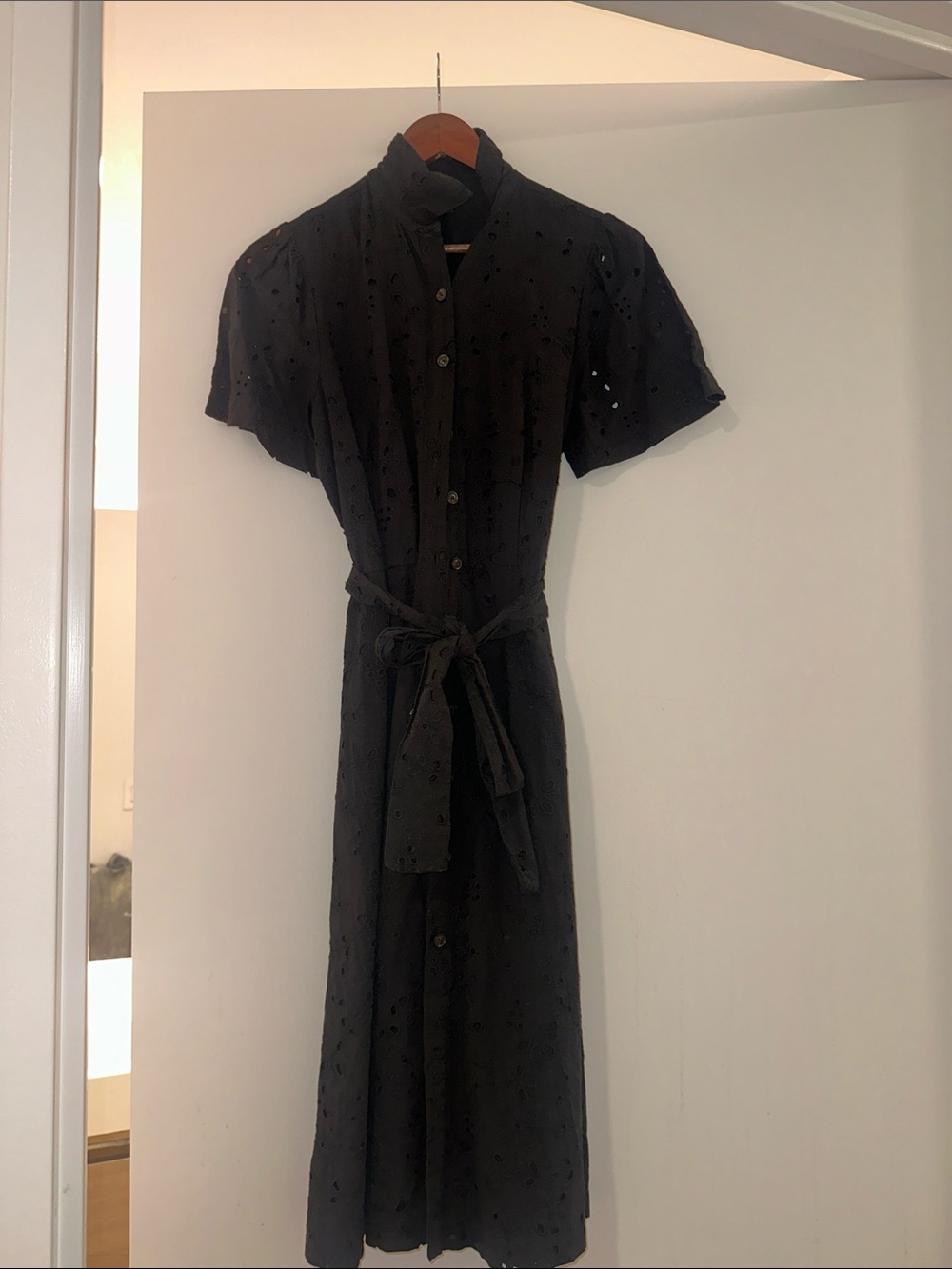 Ann Taylor Black Eyelet Short-Sleeve Midi Shirt Dress with Tie Waist